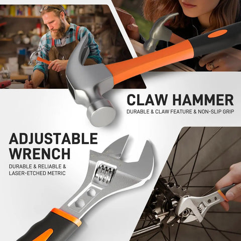 Claw hammer and adjustable wrench from 218 Piece Home Tool Kit With Plastic Toolbox Storage Case Essential DIY Hand Tools for home use