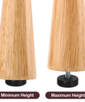 Wooden furniture leg with Round One Quarter Inch Thread Furniture Feet Levelers, showing minimum and maximum height adjustment.