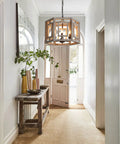 Rustic Barn Chic 6 Light Wood Pendant Chandelier With Vintage Cage Design in entryway, farmhouse style, rustic brown