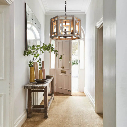 Rustic Barn Chic 6 Light Wood Pendant Chandelier With Vintage Cage Design in entryway, farmhouse style, rustic brown
