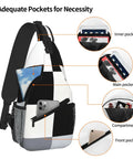 Close-up of Unisex Black And White Piano Key Grid Print Fanny Pack showing pockets and compartments for storage.