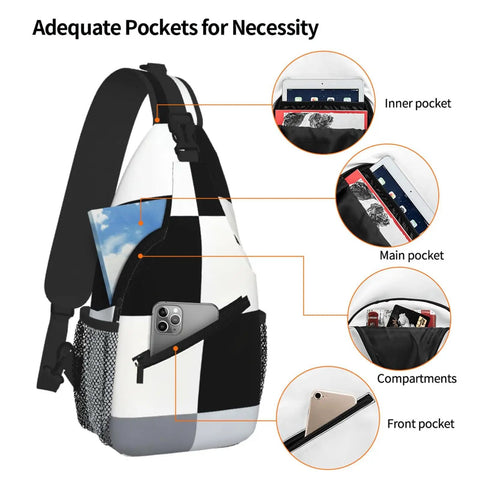 Close-up of Unisex Black And White Piano Key Grid Print Fanny Pack showing pockets and compartments for storage.