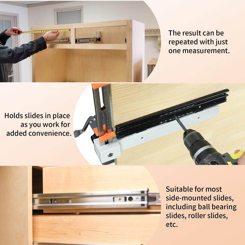 Drawer Slide Jig With Toggle Clamp And Magnetic Arm For Precise Cabinet Installations in use with laser engraved dual scale marks