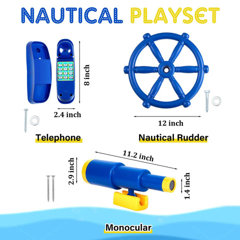 Blue Pirate Ship Wheel Toy Telescope And Telephone Playground Accessories Bundle For Outdoor Swing Sets Displayed with Dimensions