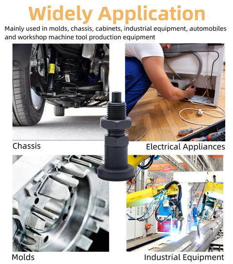 Tough As Nails Carbon Steel Retractable Spring Plunger Ball Nose Push Fit Handle With Return Knob M20 Thread indexing pin shown in applications.