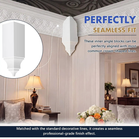 4 Pack Crown Molding Inside Corner Blocks From Real Plaster Gypsum, Ceiling Trim Corners displayed in elegant interior room.