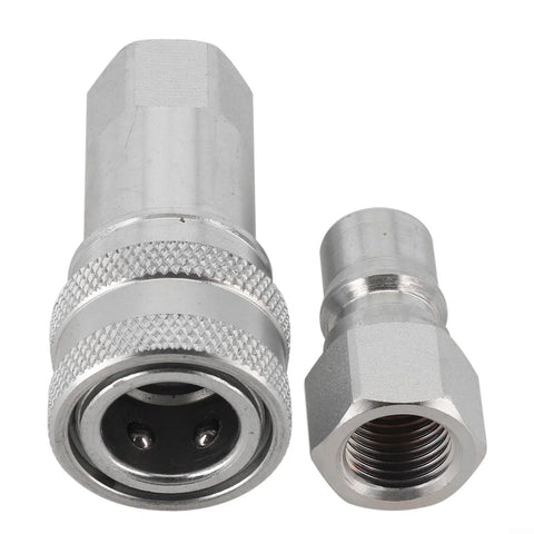 Close-up of M14 hydraulic quick-connect set: metal female coupling with knurled ring and matching male threaded plug (2 pieces).