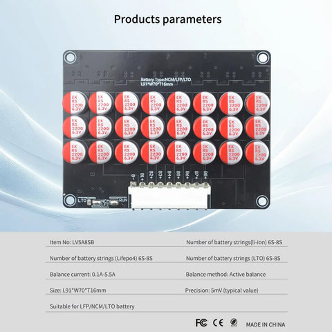 No Fuss Smart Active Battery Balancer Pushing 5.5 Amps Of Rock Solid Precision Across 5S To 21S Setups showing connection ports and capacitors.