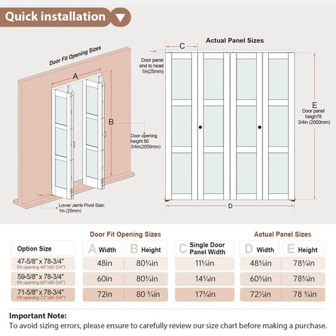 Installation guide for Preassembled Bi Fold Doors For 60 By 80 Inch Openings With Tempered Frosted Glass Closet Barn Door dimensions.