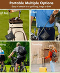 Collage showing Waterproof Golf Tee Bag With Rotating Clip And Ball Holder Pouch on golf bag, belt, bike, and travel bag