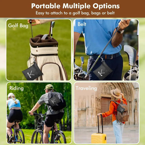 Collage showing Waterproof Golf Tee Bag With Rotating Clip And Ball Holder Pouch on golf bag, belt, bike, and travel bag