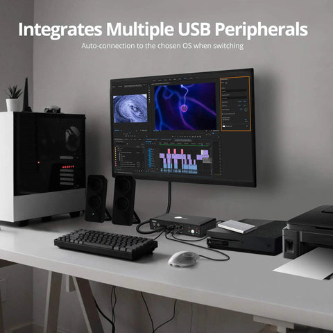 2 Port HDMI KVM Switch Swap Between Two 4K60 Monitors No Sweat Using One Shared Keyboard Mouse And Headphone Setup For Your Ultimate Home Office Or Gaming Rig with USB peripherals on a desk.