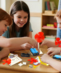 Children assembling Six STEM Fan Kits For Kids Aged 8 To 12 DIY Wooden Fan Building Toys Electric Circuit Experiments.