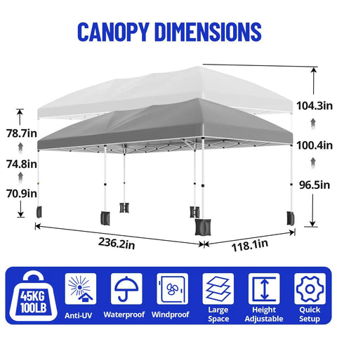 Heavy Duty 10 By 20 Pop Up Canopy Tent For Party Bashes And Big Events Commercial Grade with dimensions and features shown.