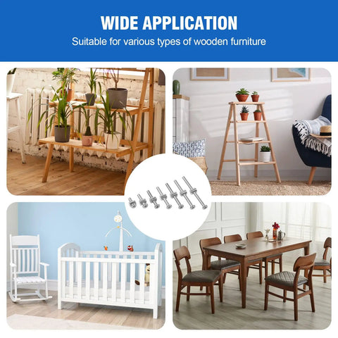 Crib Screws Replacement Kit With 65 Pieces M6 shown with diverse furniture applications including cribs and shelves.