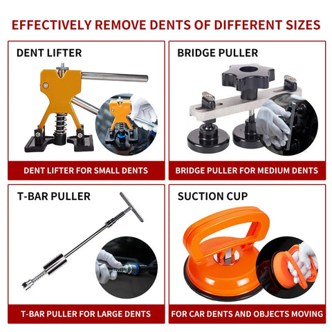 97 Piece Car Dent Repair Kit With Golden Lifter, Slide Hammer T-Bar, Bridge Puller, Paintless Dent Removal Tools For Dings And Car Refrigerator Door Dents, DIY Auto Body Fix At Home That Will Not Scratch Paint. four dent tools shown