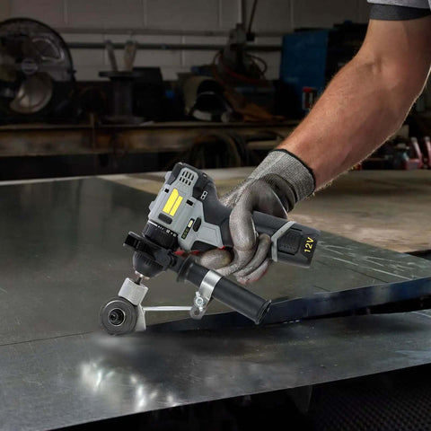 Person using Electric Drill Plate Cutter Shear Pro Attachment For Sheet Metal Cutting High Manganese Steel Universal Version tool in workshop.