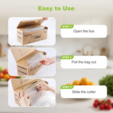 11 Inch By 150 Foot Vacuum Sealer Bags Roll With Built In Cutter, BPA Free, box open with easy tear and slide cutter steps