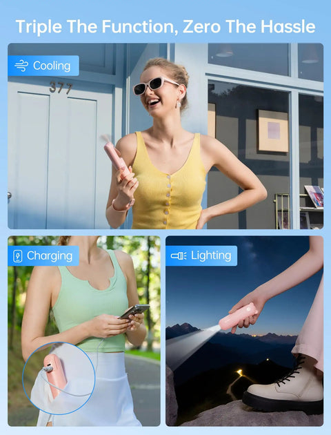 3 In 1 Pocket Handheld Mini Fan With Built In Power Bank And Flashlight USB Rechargeable Go To Ultra Compact for travel use