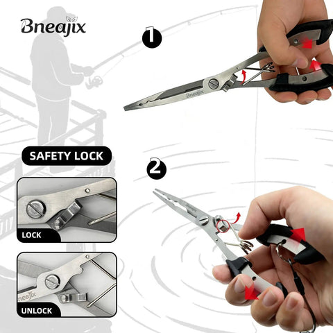 8.4 Inch Fishing Pliers With Safety Lock And Anti Loss Rope For Anglers in hand showcasing safety lock feature