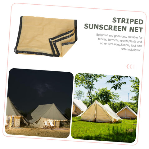 Privacy Screen Fence Net for Chain Link Fences, beige heavy duty garden netting shown in use around tents, weather resistant