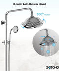 Exposed Shower Faucet System No Fuss All In One With 8 Inch Rainfall Head Tub Spout Handheld Spray Wall Mount Double Cross Handles Polished Chrome Finish Three Function Shower Set For Indoor And Outdoor Use Brass Construction And Ceramic Valve showing rain shower with 360 rotation feature