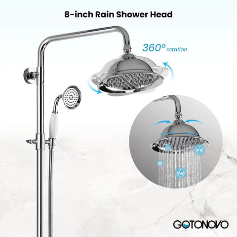 Exposed Shower Faucet System No Fuss All In One With 8 Inch Rainfall Head Tub Spout Handheld Spray Wall Mount Double Cross Handles Polished Chrome Finish Three Function Shower Set For Indoor And Outdoor Use Brass Construction And Ceramic Valve showing rain shower with 360 rotation feature