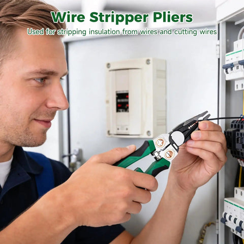 Man using 8 In 1 Wire Stripper Pliers Carbon Steel Multi Function Electrician Tool for cutting and stripping wires in a panel.