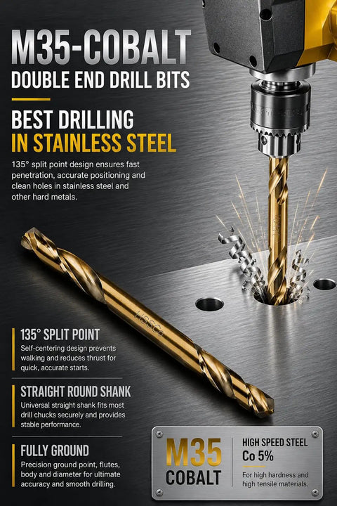 Beefy Double End Cobalt Drill Bit Set One Eighth Inch Stubby Body For Steel Metal Iron Ten Pack Dual Cutting Points Delivers Long Life And Fast, Clean Holes In Hard Materials