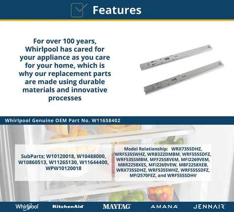 Hella Durable Genuine OEM Refrigerator And Freezer Drawer Slide Rail Set Of Two Smooth Glide Replacement Track, OEM Part W11658402.