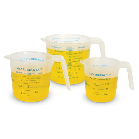 Three clear plastic measuring cups filled with yellow liquid from the Hands-On Liquid Measuring Set For Kids, 19-Piece Classroom Lab Kit.