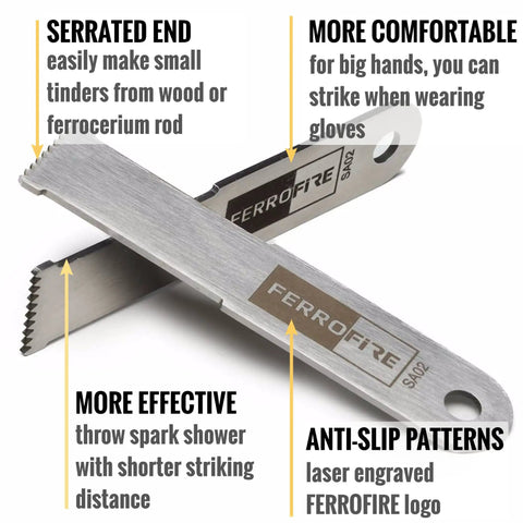 Two Pack Super Sharp Serrated Carbon Steel Ferro Rod Scraper For Fire Starting with serrated and anti-slip design
