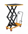 Heavy Duty Hydraulic Lift Table Cart With 770 Pound Capacity and Tough Coated Steel Frame, raised position showing foot pedal control.