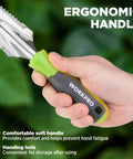 Hand holding 5-In-1 Garden Weeder Trowel With Soft Grip Handle, Stainless Steel No-Fuss Hand Weeding Tool with ergonomic design.