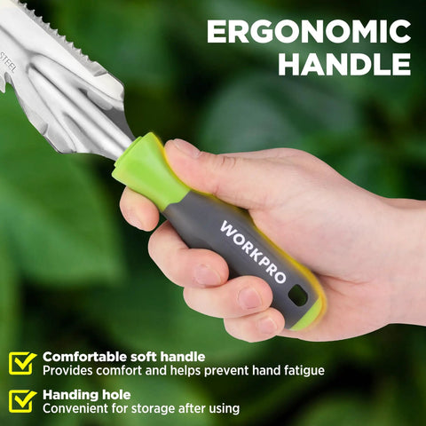 Hand holding 5-In-1 Garden Weeder Trowel With Soft Grip Handle, Stainless Steel No-Fuss Hand Weeding Tool with ergonomic design.