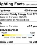 Lighting facts sheet for Four Head Regressed Gimbal Led Recessed Spotlight detailing brightness, energy cost, and lifespan.