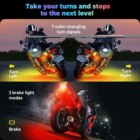 Lit Underglow LED Kit With Brake And Turn Signals For Motorcycles, showing color-changing turn signals and brake light modes