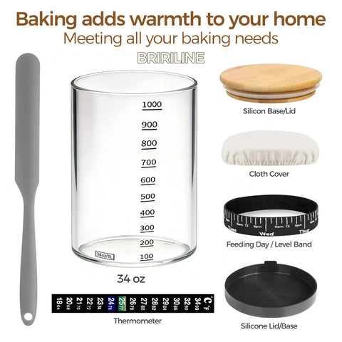Pro Sourdough Bread Starter Kit With 34 Oz Jar Funnel Opening Silicone Cover and Handy Features Shown with Accessories