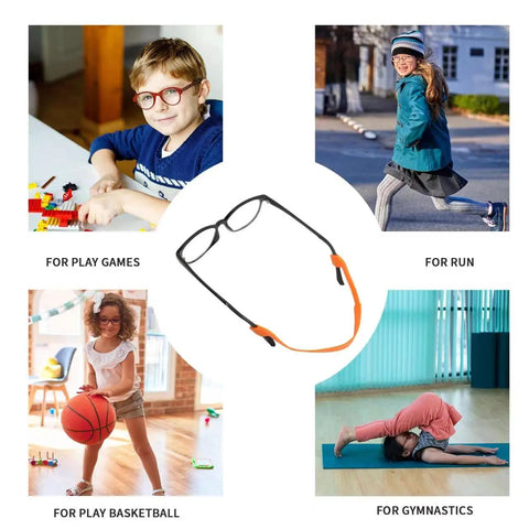 Kids Silicone Glasses Straps Anti Slip Elastic Eyewear Retainers For Sports Glasses shown in use for various activities