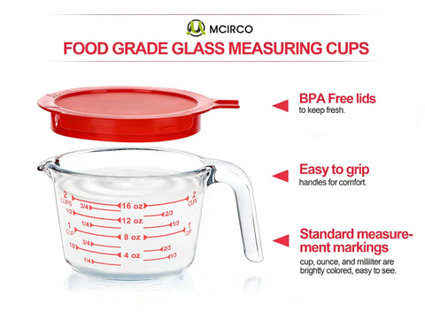 2 cup clear borosilicate glass measuring jug with BPA-free red lid from 6 Piece Glass Measuring Cup Set With Lids 1 Cup 2 Cup 4 Cup Nesting Jugs Borosilicate Glass Microwave Oven Freezer Safe Dishwasher Safe Clear Liquid Measuring Cups For Kitchen