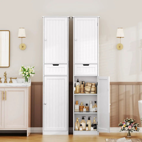 67 Inch Tall Bathroom Cabinet With Two Doors And One Drawer, Slim 15.7 Inch Wide, 11.8 Inch Deep, Adjustable Shelves, White Finish
