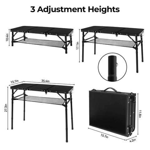Foldable Camping Table With Storage Net Aluminum Portable Table With Three Height Settings Up To 27.3 Inches shown in different heights and folded
