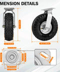 Dimensions of Heavy Duty Pneumatic Casters 10 Inch 4 Pack With 2 Swivel And 2 Rigids, 1200 Lbs Capacity, Rubber Wheel