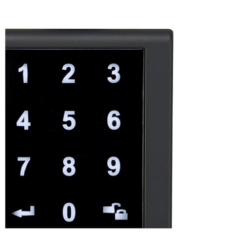 Close-up of a touchscreen keypad with numbers for Keyless Touchscreen Deadbolt Lock With Passage Lever Matte Black Finish ANSI Grade 3 Security