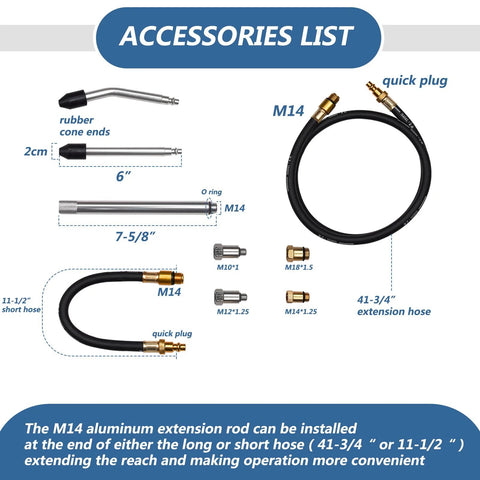 Bicos cylinder leak-down tester kit accessories: M14 quick-plug hose, 41-3/4 inch extension hose, M14/M18 adapters.