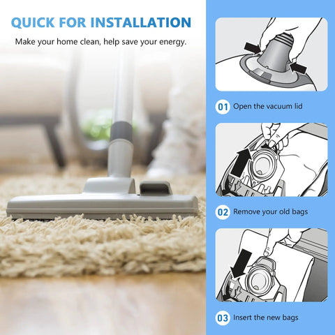 Diagram showing installation steps for 20 Pack 3D AirClean Vacuum Bags Replacement For Miele GN And S Series Vacuums C1 C2 Complete