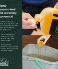 Pouring Rubio Monocoat 2-liter concentrate into cap; Go-To Wood Finish Safe Cleaning Soap For Floors, Furniture, And Cabinets shown