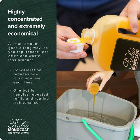 Pouring Rubio Monocoat 2-liter concentrate into cap; Go-To Wood Finish Safe Cleaning Soap For Floors, Furniture, And Cabinets shown