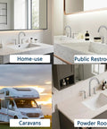 Widespread 8 Inch Bathroom Faucet Set With Two Handles And Swivel Spout, 3 Hole Mount, Brushed Nickel Finish showcased in various settings.