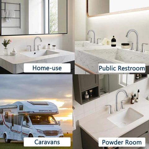 Widespread 8 Inch Bathroom Faucet Set With Two Handles And Swivel Spout, 3 Hole Mount, Brushed Nickel Finish showcased in various settings.